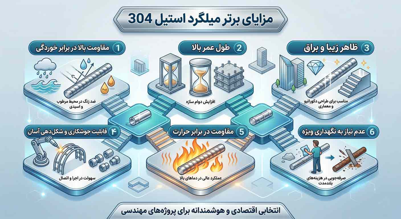 مزایای استفاده از میلگرد استیل 304